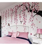 Lilacanthara Large Cherry Blossom Tree Wall Stickers,4 Sheets Spring Pink Flower Bird Wall Decals...