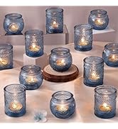 DARJEN 24Pcs Blue Votive Candle Holders - Vintage Candle Holders Bulk, Glass Candle Holder for Pa...