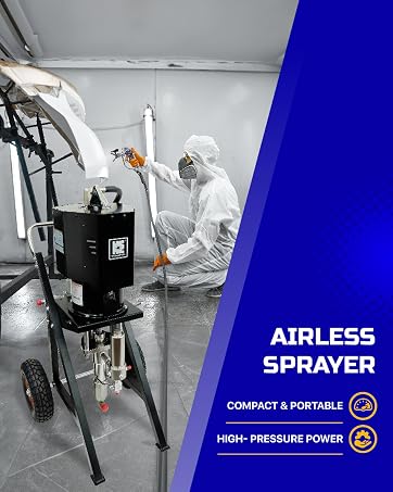 Industrial airless paint sprayer with wheeled base and pressure controls, shown in industrial setting. Features compact design and high-pressure capabilities.