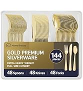 Home Breeze 144 Pack Gold Premium Plastic Cutlery Disposable Silverware Set - 48 Forks, 48 Knives...