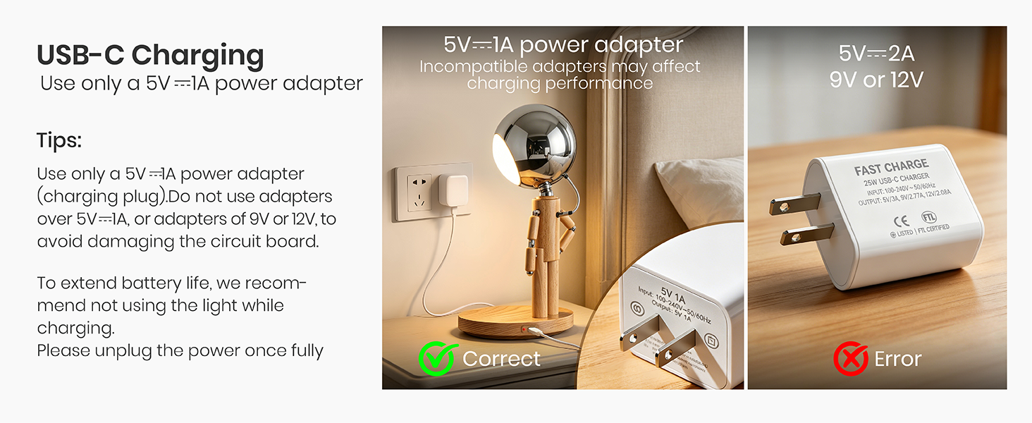 Cordless Desk Lamp, Rechargeable Table Lamp Power Adapter Guide