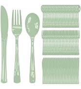 FALIZIFU 150 Pcs Sage Green Plastic Cutlery Set Disposable Green Heavy Duty Plastic Knives Forks ...