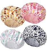 Shower Caps for Women, 4 PCS Elastic and Reusable Bath Caps, Double Layers Shower Cap Reusable Wa...