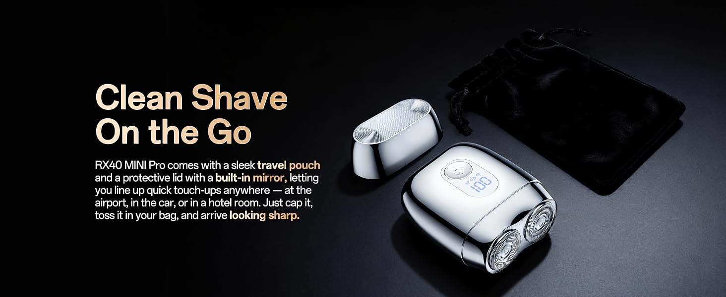 comes with a sleek travel pouch and a protective lid with a built-in mirror