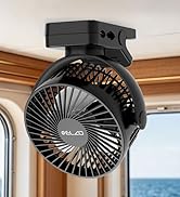 Black clip-on fan mounted on window or door frame against wooden interior and ocean view background, showing portable fan design.