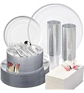 By Madee 400 Pcs Clear Silver Plastic Plates | Fancy Disposable Dinnerware Set 50 Guests | 50 Din...