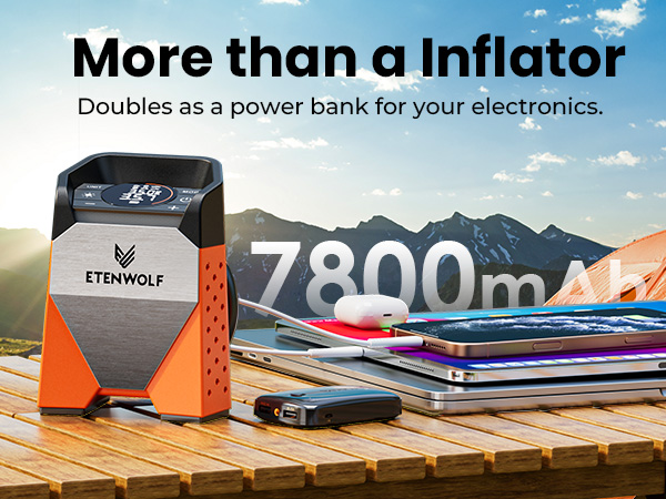 Text reads 'More than a inflator' and 'Doubles as a power bank for your electronics' with '7800mA' specification. Orange and black portable device displayed on folded fabric.