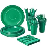 FULING 175 PCS Green Party Supplies Disposable Dinnerware Set Plastic Plates and Paper Napkins Cu...