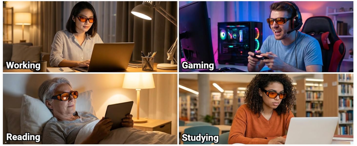 All-day blue light protection, Multiple usage scenarios, Work game read study