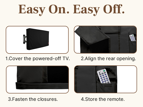 Cover the TV, Align the Opening, Fasten Hook-and-Loop Closure