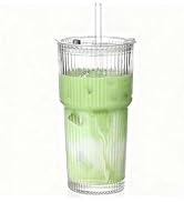 MINGHYZYA 20 oz Glass Tumblers, Iced Coffee Cups with Lids and Glass Straws, Thickened Wall Ribbe...