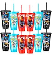 XLSXEXCL 12 Pcs Gamer Party Cups with Lids and Straws Video Game Tumbler 24 oz Plastic Drinking C...