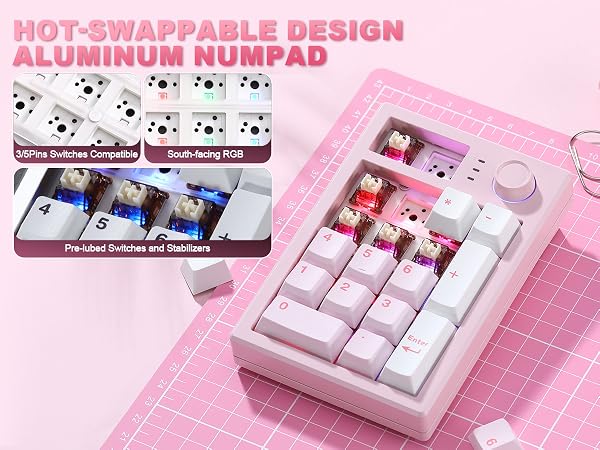 Text reads "PERSONALIZED DESIGN ALUMINUM NUMPAD". Pink mechanical keyboard numpad with customizable design shown alongside layout cards and components on pink background.