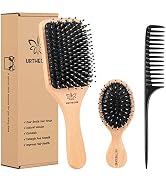 Boar Bristle Hair Brush and Comb Set for Women Men Kids, Best Natural Wooden Paddle Hairbrush and...
