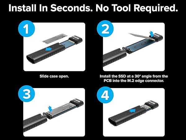 Step-by-step guide showing SSD installation into ssd enclosure m.2 nvme with no tools required