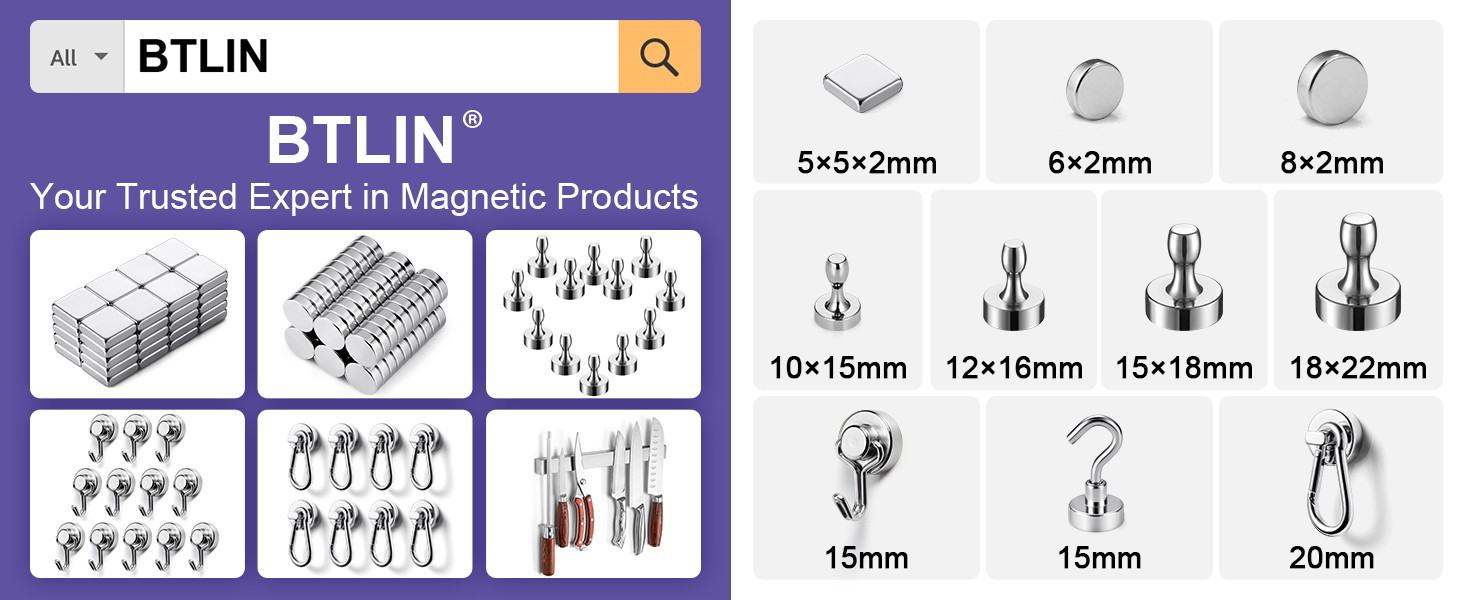 BTLIN magnetic product sizing chart showing various hook and magnet dimensions ranging from 5x5x2mm to 18x22mm.