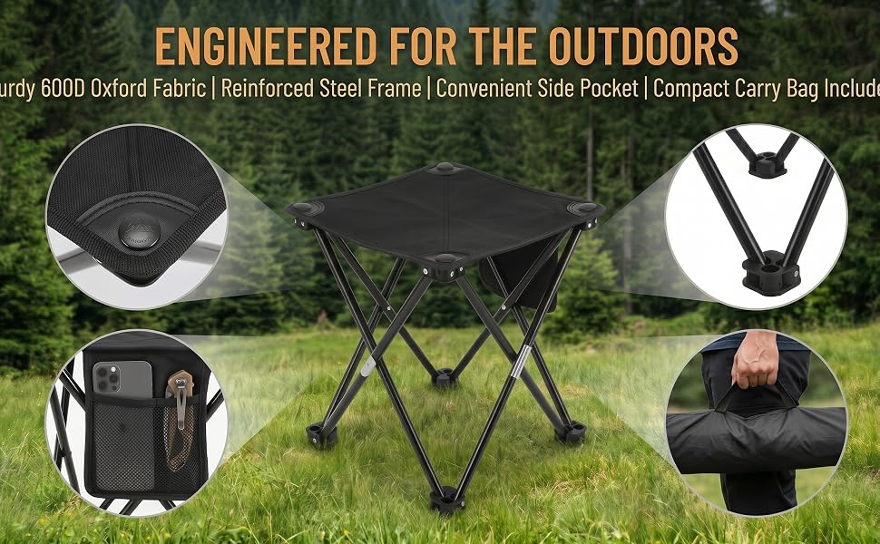 Close-up details of the camping stool: fabric, frame, pocket, and carry bag.