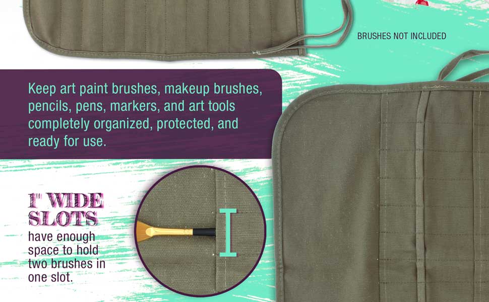 Deluxe 24-slot canvas roll-up brush holder for storing and protecting paintbrushes, pens, and tools.