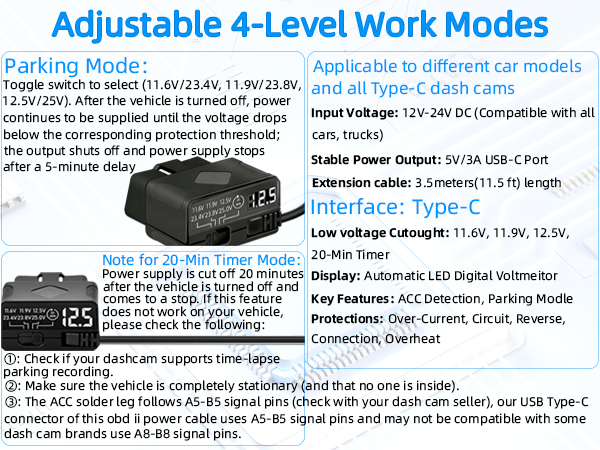 OBD2 to USB C Power Cable for Dash Cam, Plug and Play Dashcam Hardwire Kit with LED Voltmeter