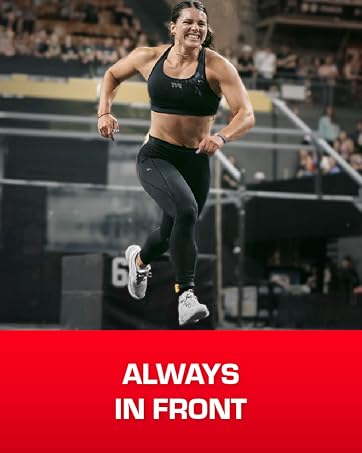 Image of woman running in Tyr top and bottoms with text reading be always in front.