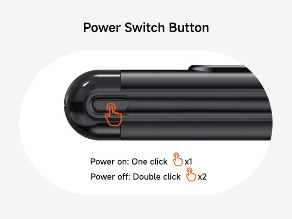 Black power switch button interface showing single-click power on and double-click power off instructions with icon indicators.