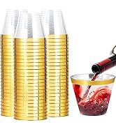 I00000 200 Pack Gold Plastic Cups, 9 Oz Elegant Clear Plastic Cups Gold Rimmed Disposable Wine Gl...