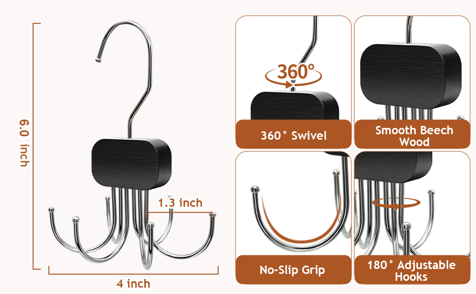 360° Swivel, Smooth Beech Wood, No-Slip Grip, 180° Adjustable Hooks