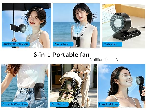 Text reads '6-in-1 Portable fan' and 'Multifunctional Fan'. Composite product showcase displaying portable fan in multiple configurations: handheld with strap, neck-worn style, desktop stand, wrist-mounted, and clip attachment options across six panels.