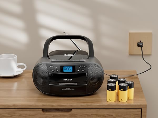 Portable CD Cassette Player Boombox with Dual-Powered