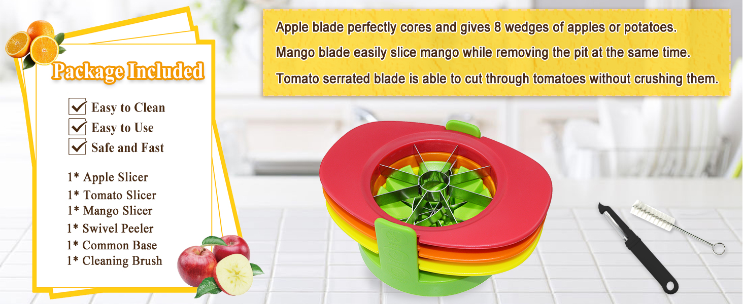Fruit Cutter Slicer, 4 in 1 Apple Slicer with Vegetable Peeler & Cleaning Brush Mango Cutter