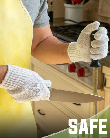 KC reusable yellow apron and reusable knit cotton white gloves