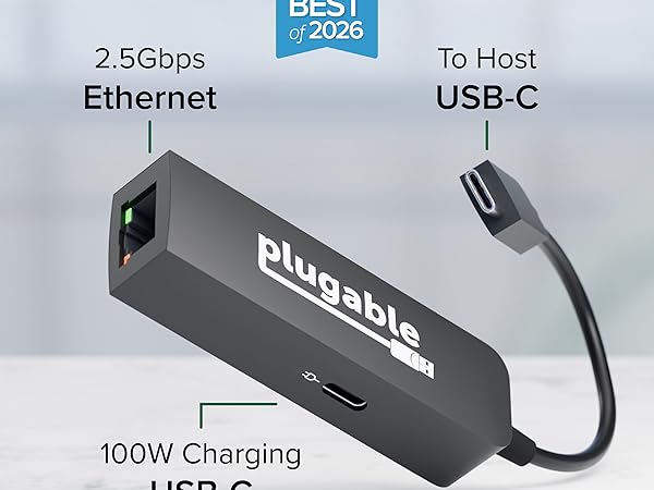 Plugable USB C 2.5Gbps ethernet adapter port, 100W pass through USB C charging port, USB-C to host