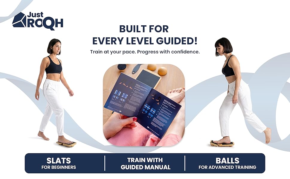Balance board training with adjustable difficulty from beginner to advanced using slats and balls