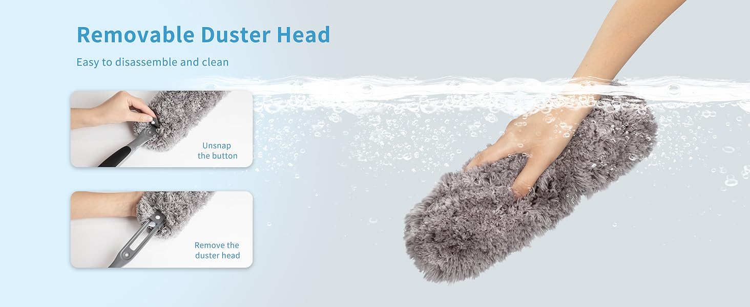 Demonstration of removable duster head attachment, showing installation and removal process with gray microfiber cleaning surface.