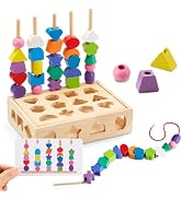 ZGIMI 3 in 1 Montessori Wooden Toys, Lacing Beads & Stacking Blocks & Shape Sorter Sequencing Toy...