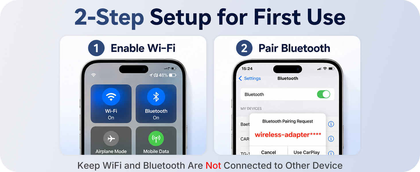 Wireless CarPlay adapter setup: enable WiFi and Bluetooth, then pair your iPhone for first use.