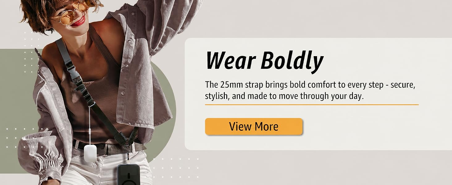 Wide 25mm crossbody phone strap, bold stylish design for comfort and security.
