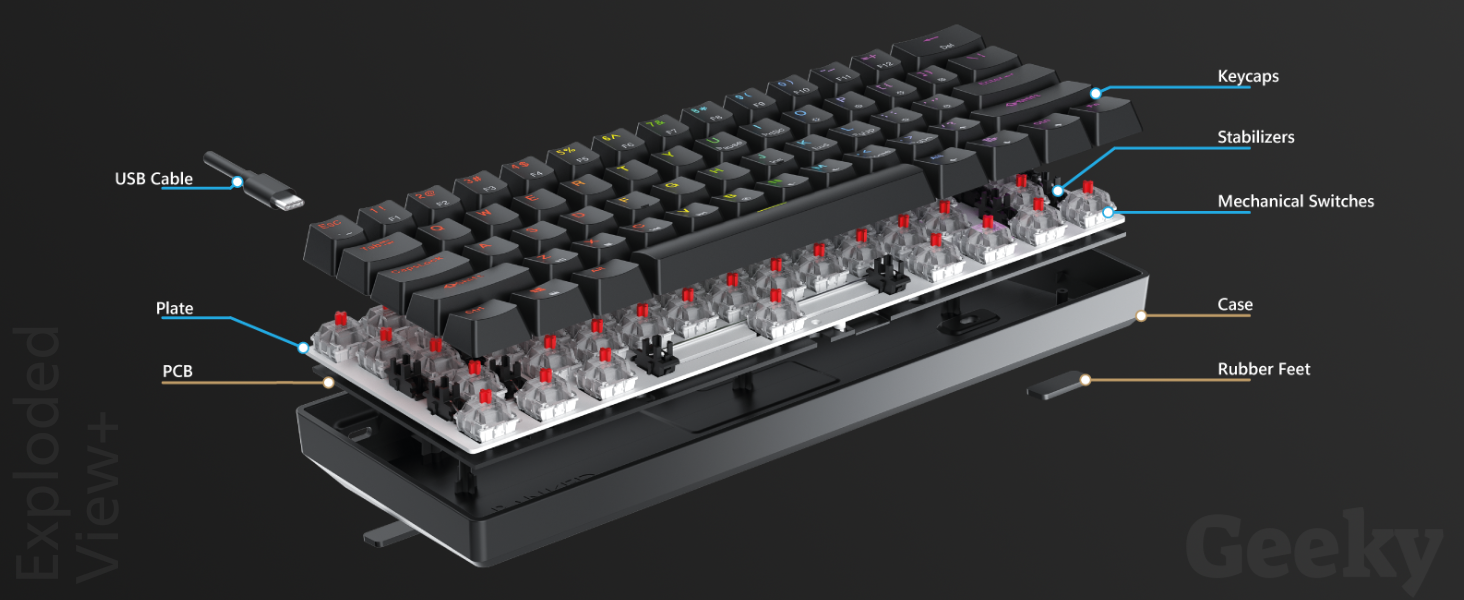 Geeky gk61 se Hotswap mechanical gaming keyboard 60% form factor dk61se gk61se gk 60% exploded view