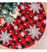 Christmas Tree Skirt Red and Black Buffalo Plaid Tree Skirt Snowflake Design, 48 inches Thick Lay...