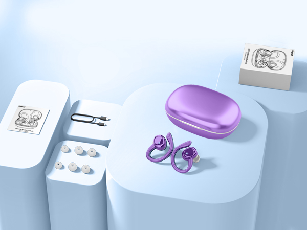 Series of product photos showing purple wireless earbuds and charging case against light blue background, displayed from multiple angles.