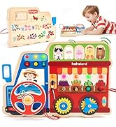 hahaland Montessori Busy Board for Toddlers 3-5, 18-in-1 Wooden Sensory Activity Board with LED L...