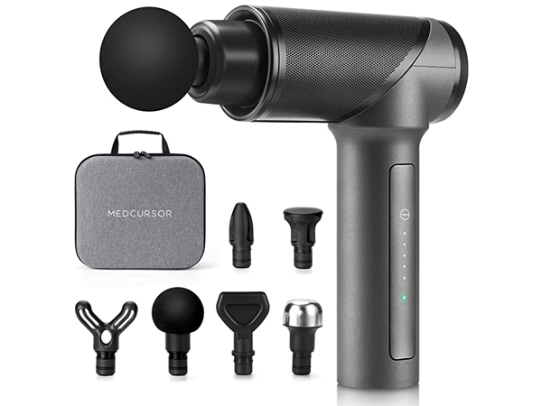 Handheld massage gun with multiple attachments and carrying case. Device features a black ergonomic design with digital display.