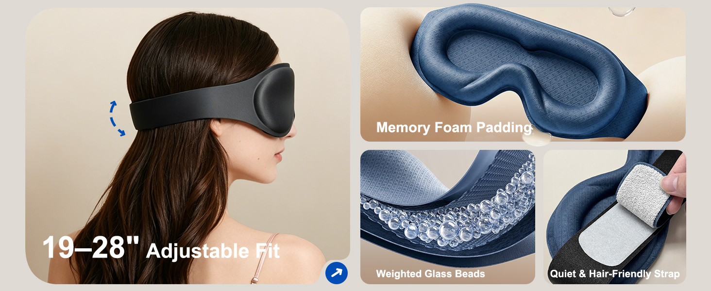 weighted sleeping eye mask,adjustable fit,quiet hair-friendly strap,weighted glass beads memory foam
