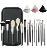 Professional Natural Travel Goat Hair Makeup Brushes with case, 15Pcs Kabuki Face Powder & Eye Ma...