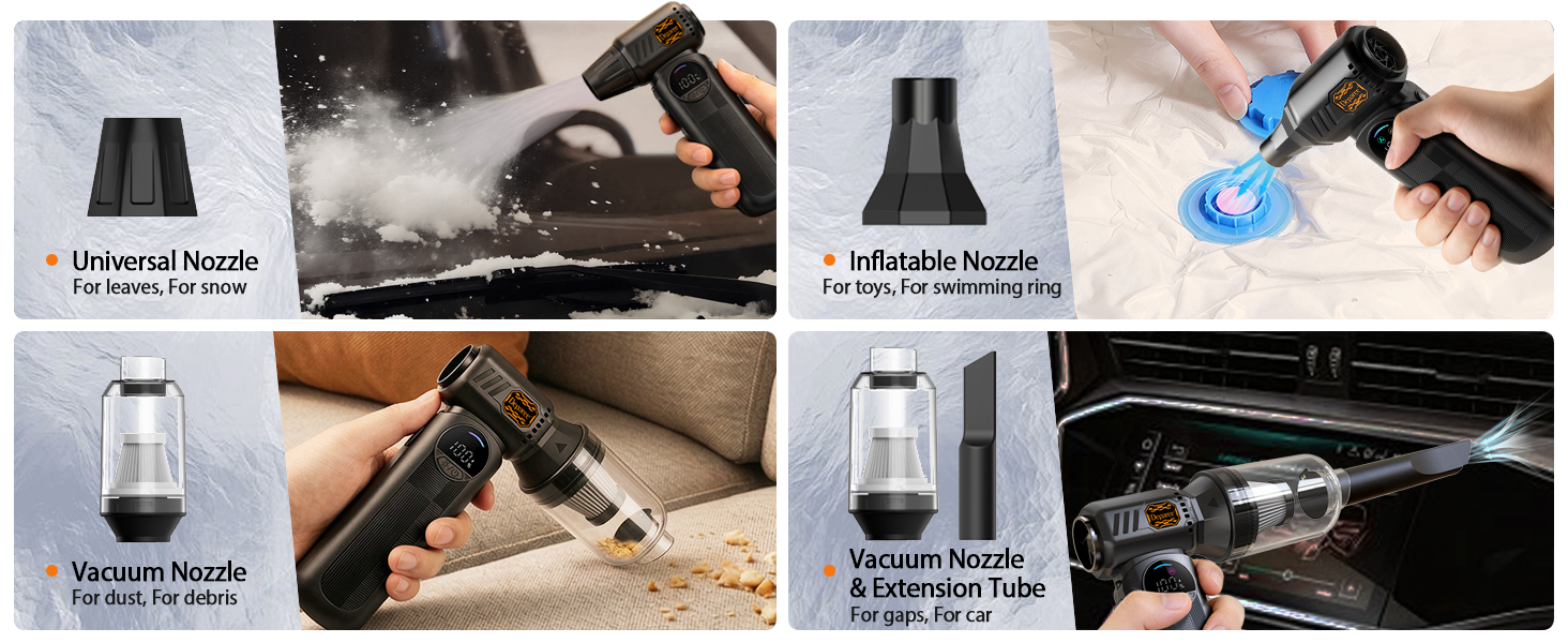 Multi nozzles for cordless air duster and handheld vacuum including universal, brush, and tube