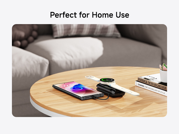 Wooden coffee table with tablet, smartphone, earbuds case, and books. Text reads 'Perfect for Home Use'.