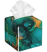 Watercolor Green Marble Tissue Box Holder,Square Leather Tissue Box Cover with Bottom Belt,Waterp...
