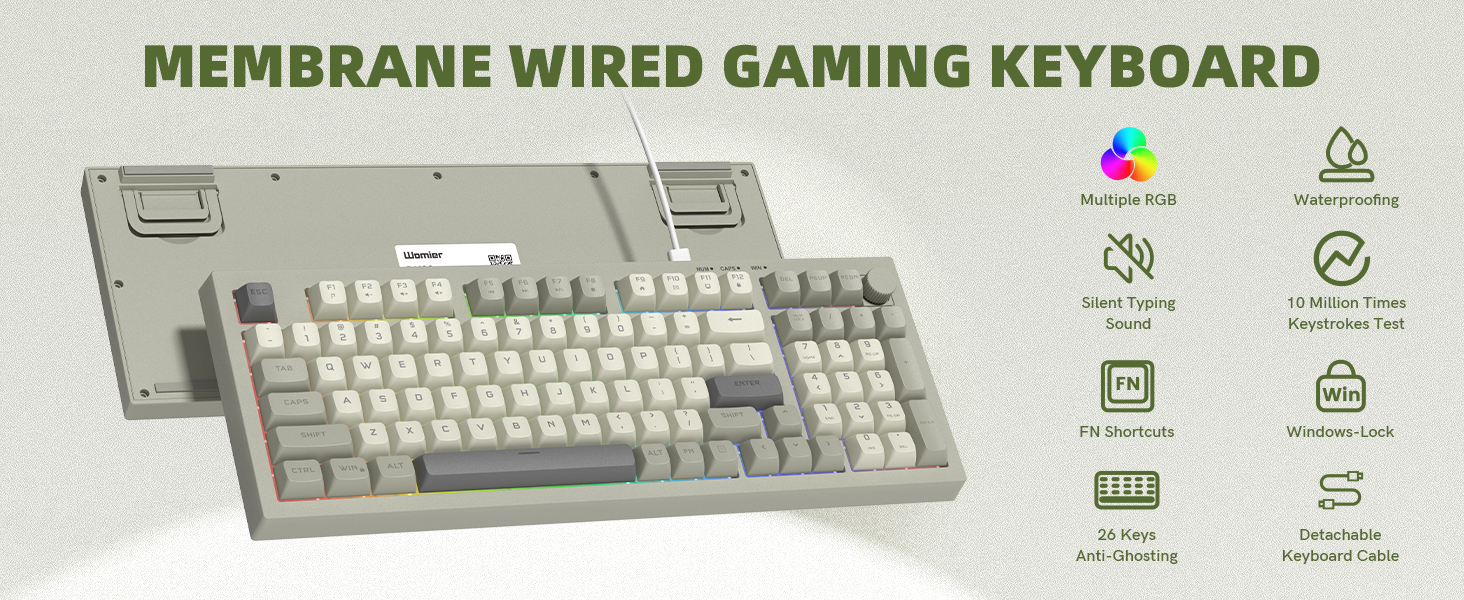 Wired Gaming Keyboard Creamy Membrane with Rainbow RGB Backlight - Quiet,Volume Knob,Retro Keycap