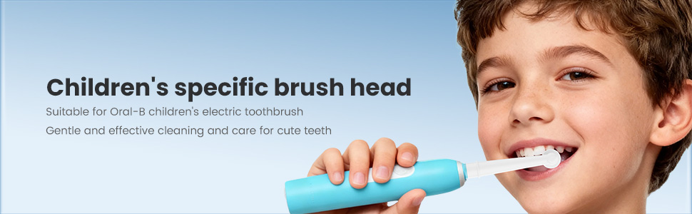 Text reads 'Children's specific brush head'. Shows electric toothbrush head and child demonstrating brushing teeth.