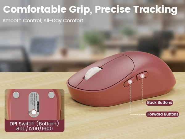 wireless mouse showing DPI switch 800 1200 1600 with forward and back buttons for precise tracking
